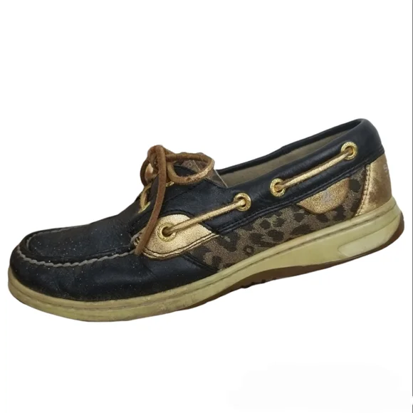 SPERRY TOP-SIDER Bluefish Boat Shoes Sparkle Sz Leopard Black Gold